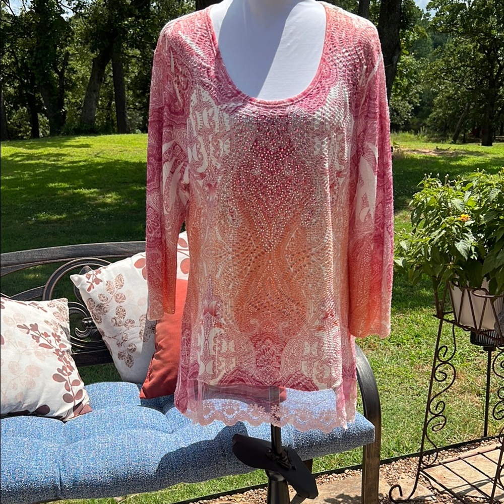 Reba Woman Elegant Pink and Orange Lace Hem  Women's Top……772